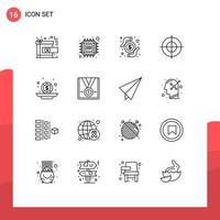 conjunto de pictogramas de 16 contornos simples de elementos de design de vetores editáveis de pesquisa de arma de tecnologia de marca de investimento