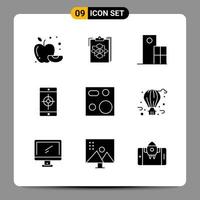 9 sinais de símbolos de glifos de pacote de ícones pretos para designs responsivos em conjunto de 9 ícones de fundo branco vetor