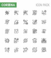 Conjunto de ícones de 25 linhas de proteção de coronavírus de proteção covid19, como portador de pesquisa de corona de doença, verificação de elementos de design de vetor de doença viral de coronavírus 2019nov