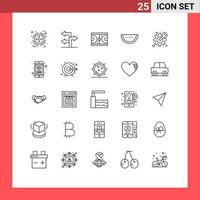 pacote de interface do usuário de 25 linhas básicas de preferências jogo de engrenagem melancia comida elementos de design de vetores editáveis