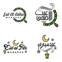 pacote moderno de 4 eidkum mubarak tradicional árabe moderno quadrado kufic tipografia saudação texto decorado com estrelas e lua vetor