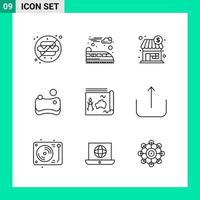 pacote de 9 símbolos de contorno do conjunto de ícones de estilo de linha para impressão de sinais criativos isolados no conjunto de 9 ícones de fundo branco vetor