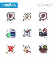 Pacote de ícones de coronavírus covid19 de 9 linhas preenchidas, como relatório de cuidados com as mãos, desinfetante para doenças, sabonete viral, coronavírus 2019nov, elementos de design de vetor de doença