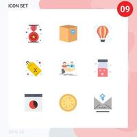 conjunto de cores planas de interface móvel de 9 pictogramas de remessa de etiquetas de seguro compras elementos de design de vetores editáveis quentes