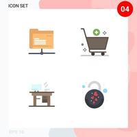 pacote de ícones planos de 4 símbolos universais de carrinho de armazenamento de trabalho de dados elementos de design de vetores editáveis de escritório