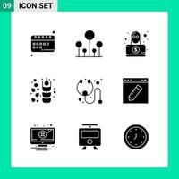 pacote de 9 símbolos de glifos de conjunto de ícones de estilo sólido para impressão de sinais criativos isolados no conjunto de 9 ícones de fundo branco vetor