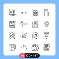 Símbolos de contorno do pacote de ícones pretos de 16 linhas para aplicativos móveis isolados no conjunto de 16 ícones de fundo branco vetor