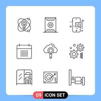 Símbolos de contorno do pacote de ícones pretos de 9 linhas para aplicativos móveis isolados no conjunto de 9 ícones de fundo branco vetor