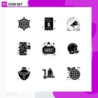 conjunto de 9 sinais de símbolos de ícones de interface do usuário modernos para amor, bate-papo, dinheiro, alto-falante, megafone, elementos de design de vetores editáveis