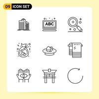 9 ícones criativos para design de site moderno e aplicativos móveis responsivos 9 sinais de símbolos de contorno em fundo branco 9 pacote de ícones vetor