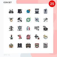conjunto de cores planas de linha preenchida de interface móvel de 25 pictogramas de elementos de design de vetor editável internacional de casa de residência em dólar