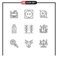 pacote de 9 sinais e símbolos de contornos modernos para mídia impressa na web, como construção de elementos de design de vetores editáveis de pen drive de cereal de sino de comida