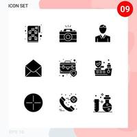 conjunto de 9 pacotes de glifos sólidos comerciais para elementos de design de vetores editáveis de email de conta de mensagem de maleta sms