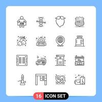 conjunto de 16 sinais de símbolos de ícones de interface do usuário modernos para sinal de segurança escudo de osso com elementos de design de vetores editáveis