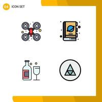 conjunto de cores planas de linha preenchida de interface móvel de 4 pictogramas de cam álcool drone robô planeta bebida editável elementos de design vetorial vetor