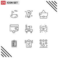 grupo de símbolos de ícone universal de 9 contornos modernos de solução de carteira de trem, bolsa de dinheiro, elementos de design de vetores editáveis