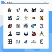 interface móvel linha preenchida conjunto de cores planas de 25 pictogramas de data de venda ciência da matéria calendário pesquisa elementos de design de vetores editáveis