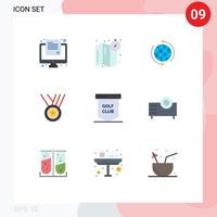 pacote de 9 sinais e símbolos modernos de cores planas para mídia impressa na web, como medalhas de fita, prêmio de negócios, elementos de design de vetores editáveis na internet