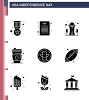 conjunto de 9 ícones do dia dos eua símbolos americanos sinais do dia da independência para celebração marco americano bebida dos eua editável dia dos eua vetor elementos de design