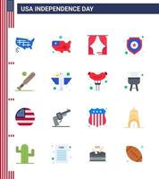 pacote plano de 16 símbolos do dia da independência dos eua de escudo esportivo americano bola de morcego editável dia dos eua elementos de design vetorial vetor