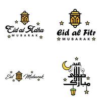 feliz eid mubarak carta de mão tipografia saudação redemoinho pincel tipo de letra pacote de 4 saudações com estrelas brilhantes e lua vetor