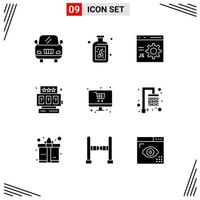 conjunto moderno de pictograma de 9 glifos sólidos de desenvolvimento de loja de chuveiro, jogo de compras, elementos de design de vetores editáveis