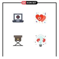 grupo de 4 sinais e símbolos de ícones planos para laptop cinema coração poder educação elementos de design de vetores editáveis