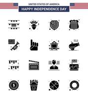 conjunto de 16 pacotes de glifos sólidos modernos no dia da independência dos eua mão escudo americano bandeira laud editável dia dos eua vetor elementos de design