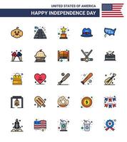 feliz dia da independência pacote de 25 linhas planas preenchidas sinais e símbolos para sorvete estados unidos prêmio americano editável dia eua vetor elementos de design