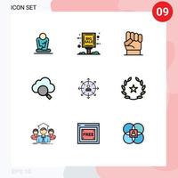 conjunto de cores planas de linha preenchida de interface móvel de 9 pictogramas de setas liberdade de pesquisa força de pesquisa elementos de design de vetores editáveis