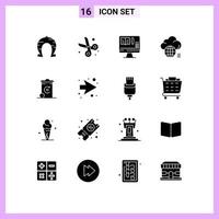pacote de glifos sólidos de 16 símbolos universais de elementos de design de vetores editáveis de tesoura de armazenamento de lixo