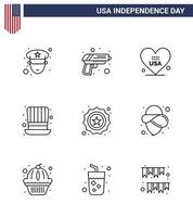 feliz dia da independência 4 de julho conjunto de pictograma americano de 9 linhas de distintivo amor americano chapéu eua editável dia eua vetor elementos de design