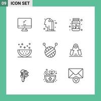 pacote de 9 sinais e símbolos de contornos modernos para mídia impressa na web, como bola de lã, comida de ginástica, culinária, elementos de design vetorial editáveis vetor
