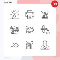 pacote de linha vetorial editável de 9 contornos simples de diagrama de pesquisa de marketing de corações de forma elementos de design vetorial editável vetor
