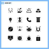 16 símbolos universais de glifos sólidos de ideias, perigo, caixa de computação, elementos de design de vetores editáveis