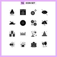 conjunto moderno de 16 glifos e símbolos sólidos, como elementos de design de vetores editáveis de olho de servidor de montanha de colina