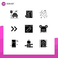 9 conceito de glifo sólido para sites móveis e aplicativos, ferramenta de site, fogo, página de trabalho, elementos de design de vetores editáveis à direita