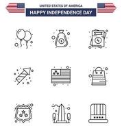 conjunto de linha do dia da independência dos eua com 9 pictogramas dos eua da bandeira feriado convite fogos de artifício celebração editável dia dos eua vetor elementos de design