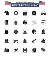 conjunto de 25 glifos sólidos vetoriais em 4 de julho, dia da independência dos eua, como óculos de sol americanos, calendário, bola dos eua, editável, elementos de design vetorial do dia dos eua vetor