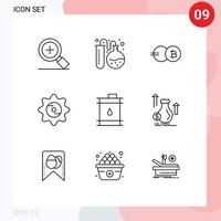 conjunto de 9 símbolos de símbolos de ícones de interface do usuário modernos para finanças barril moeda tampa de comida elementos de design de vetores editáveis