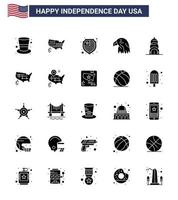 feliz dia da independência 4 de julho conjunto de 25 glifo sólido pictograma americano dos eua chrysler americano eua pássaro editável dia dos eua vetor elementos de design