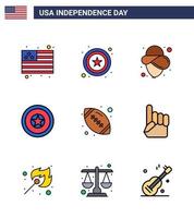 feliz dia da independência 4 de julho conjunto de 9 linhas planas preenchidas pictograma americano de chapéu de esportes de mão de espuma medalha de rugby editável dia dos eua elementos de design vetorial vetor
