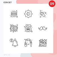 conjunto de pictogramas de 9 contornos simples de elementos de design de vetores editáveis de coração de haltere de ginástica