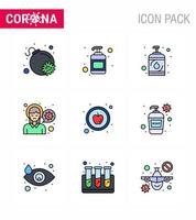 ícone de dicas de precaução de coronavírus para apresentação de diretrizes de saúde 9 pacote de ícones de cores planas de linha preenchida, como dor de infecção por vírus de mão de maçã saudável, vetor de doença de coronavírus viral 2019nov