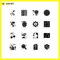 conjunto de pictogramas de 16 glifos sólidos simples de ferramentas de olhar de balão de festa de dispositivo elementos de design de vetores editáveis