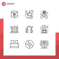 9 sinais de contorno universal, símbolos de fones de ouvido, escudo, oração, banco de segurança, elementos de design de vetores editáveis