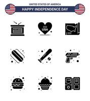 feliz dia da independência 9 pacote de ícones de glifos sólidos para web e impressão de mapa de bola de morcego estados americanos editáveis elementos de design de vetor de dia dos eua