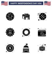 pacote de 9 sinais de glifos sólidos de celebração do dia da independência dos eua e símbolos de 4 de julho, como sinal de rosquinha de bola de comida americana editável elementos de design de vetor de dia dos eua