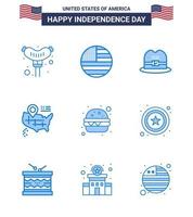 feliz dia da independência 9 pacote de ícones de blues para web e impressão estrela refeição boné fast food americano editável dia dos eua elementos de design vetorial vetor