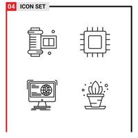 4 ícones criativos, sinais e símbolos modernos do antigo rolo da câmera, chip de conteúdo, site, gadget, elementos de design vetorial editáveis vetor
